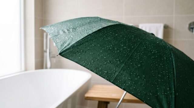 Come asciugare l'ombrello bagnato senza spazio extra in casa Ombrello bagnato aperto e capovolto sul manico dentro la doccia per farlo asciugare senza rovinarlo