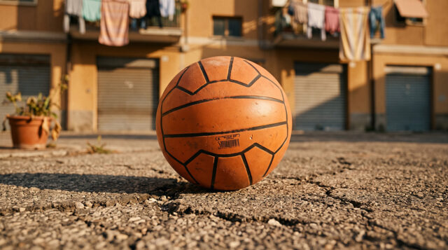 Pallone Super Santos arancione usato su asfalto di un cortile italiano, ricordo degli anni '90
