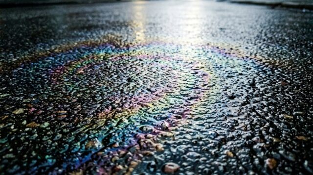 Prima pioggia sull'asfalto: la pellicola oleosa che riduce l'aderenza Pellicola oleosa iridescente sull'asfalto bagnato nei primi minuti di pioggia dopo un periodo di siccità