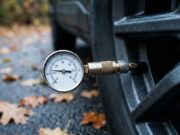La pressione delle gomme cala col freddo di settembre: il controllo che quasi nessuno fa Manometro professionale collegato alla valvola di un pneumatico auto per il controllo della pressione a inizio autunno