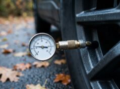 La pressione delle gomme cala col freddo di settembre: il controllo che quasi nessuno fa Manometro professionale collegato alla valvola di un pneumatico auto per il controllo della pressione a inizio autunno
