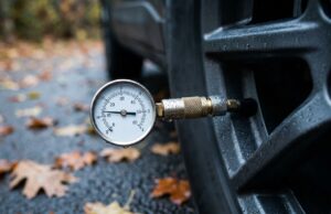 La pressione delle gomme cala col freddo di settembre: il controllo che quasi nessuno fa Manometro professionale collegato alla valvola di un pneumatico auto per il controllo della pressione a inizio autunno