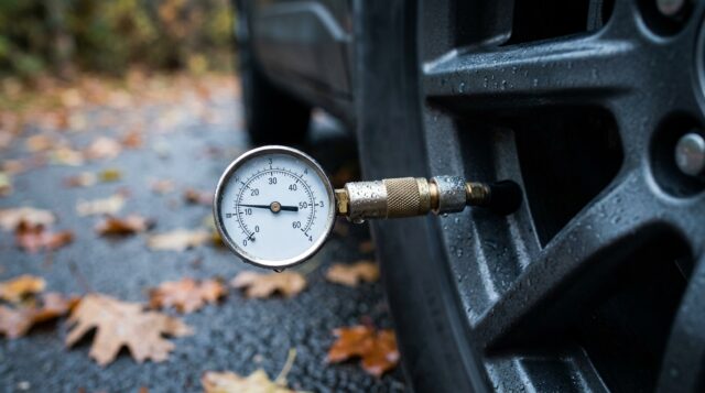 Manometro professionale collegato alla valvola di un pneumatico auto per il controllo della pressione a inizio autunno