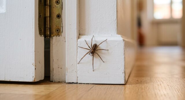 Ragno in casa in autunno vicino alla porta Ragno delle case di grandi dimensioni su un battiscopa bianco vicino allo stipite di una porta, in un corridoio autunnale