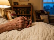 Perché il Rosario recitato in fretta la sera non rilassa: l’errore di ritmo quasi invisibile Mani anziane che reggono un rosario in legno la sera, prima di dormire, con luce calda di lampada sullo sfondo