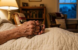 Perché il Rosario recitato in fretta la sera non rilassa: l’errore di ritmo quasi invisibile Mani anziane che reggono un rosario in legno la sera, prima di dormire, con luce calda di lampada sullo sfondo