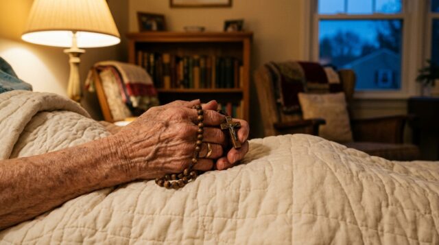 Mani anziane che reggono un rosario in legno la sera, prima di dormire, con luce calda di lampada sullo sfondo