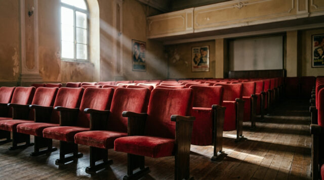 Sala di cinema storica vuota con poltrone in velluto rosso e manifesti vintage, simbolo del calo di spettatori nelle sale italiane