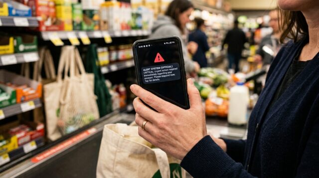 Smartphone con falso avviso di allarme urgente in mano durante la spesa, esempio di truffa sms