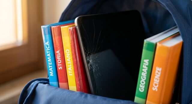Tablet con schermo incrinato a ragnatela incastrato tra i libri scolastici colorati dentro uno zaino blu