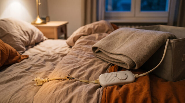Termocoperta con cavo danneggiato: il controllo da fare prima di usarla Termocoperta ripiegata su un letto disfatto con il cavo di alimentazione visibilmente danneggiato e sfilacciato vicino alla spina