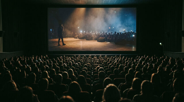Ultimo al cinema: il film del concerto a Tor Vergata in una sala esaurita Sala cinematografica gremita durante la proiezione del film-concerto di Ultimo a Tor Vergata