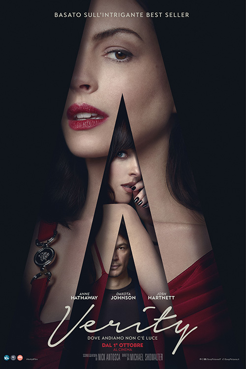 Locandina italiana del film Verity con Anne Hathaway, Dakota Johnson e Josh Hartnett, al cinema dal 1° ottobre