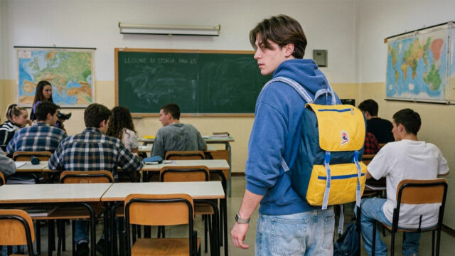 Ragazzo con zaino Invicta giallo e blu anni '90 in un'aula scolastica