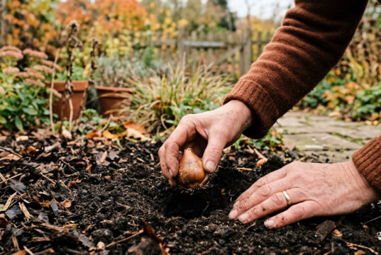 Bulbi di tulipani e narcisi in ottobre: quando piantarli e l’errore che rovina la fioritura Mani che interrano un bulbo di tulipano nella terra scura di un giardino in autunno