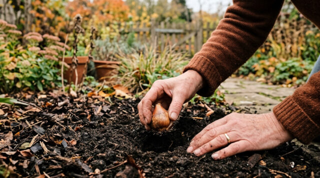 Bulbi di tulipani: come piantarli in ottobre Mani che interrano un bulbo di tulipano nella terra scura di un giardino in autunno