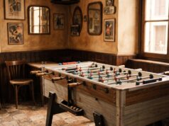 Il calcio balilla nei bar italiani porta un nome che quasi nessuno sa spiegare davvero Tavolo da calcio balilla in un bar italiano d'epoca, pareti calde e locandine vintage