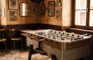 Il calcio balilla nei bar italiani porta un nome che quasi nessuno sa spiegare davvero Tavolo da calcio balilla in un bar italiano d'epoca, pareti calde e locandine vintage