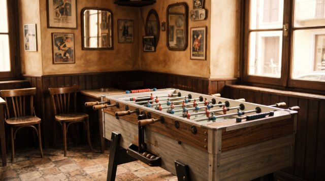 Calcio balilla in un bar italiano d'epoca: l'oggetto al centro della storia del nome Tavolo da calcio balilla in un bar italiano d'epoca, pareti calde e locandine vintage