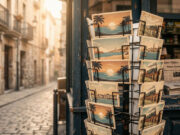 In vacanza non si scrivono quasi più cartoline: il crollo è molto più grande di quanto sembri Espositore girevole di metallo con cartoline di vacanza vintage esposto fuori da un’edicola, vicolo acciottolato italiano illuminato da luce calda al tramonto