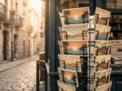 In vacanza non si scrivono quasi più cartoline: il crollo è molto più grande di quanto sembri Espositore girevole di metallo con cartoline di vacanza vintage esposto fuori da un’edicola, vicolo acciottolato italiano illuminato da luce calda al tramonto