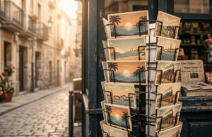 In vacanza non si scrivono quasi più cartoline: il crollo è molto più grande di quanto sembri Espositore girevole di metallo con cartoline di vacanza vintage esposto fuori da un’edicola, vicolo acciottolato italiano illuminato da luce calda al tramonto
