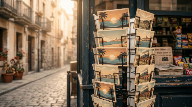Espositore girevole di metallo con cartoline di vacanza vintage esposto fuori da un’edicola, vicolo acciottolato italiano illuminato da luce calda al tramonto