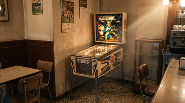Un flipper vintage acceso nell'angolo pulito di un bar italiano anni Ottanta