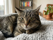 Il gatto fa le fusa anche quando soffre: il segnale che in pochi sanno riconoscere Gatto tabby disteso su una coperta a maglia in salotto, con lo sguardo attento mentre fa le fusa