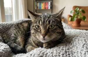 Il gatto fa le fusa anche quando soffre: il segnale che in pochi sanno riconoscere Gatto tabby disteso su una coperta a maglia in salotto, con lo sguardo attento mentre fa le fusa