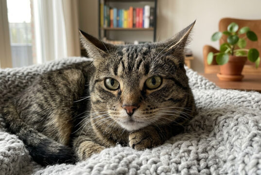 Il gatto fa le fusa anche quando soffre: il segnale che in pochi sanno riconoscere Gatto tabby disteso su una coperta a maglia in salotto, con lo sguardo attento mentre fa le fusa