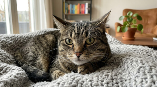 Il gatto fa le fusa: non significa sempre felicità Gatto tabby disteso su una coperta a maglia in salotto, con lo sguardo attento mentre fa le fusa