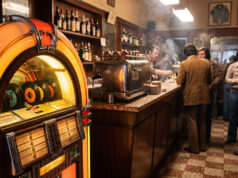 Il 45 giri dei jukebox nei bar italiani: perché non si trovava in negozio Jukebox vintage acceso in un bar italiano degli anni '70, con dischi a 45 giri visibili dietro il vetro e avventori al bancone sullo sfondo