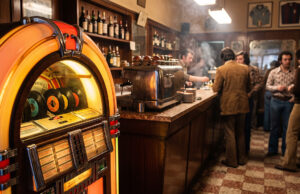 Il 45 giri dei jukebox nei bar italiani: perché non si trovava in negozio Jukebox vintage acceso in un bar italiano degli anni '70, con dischi a 45 giri visibili dietro il vetro e avventori al bancone sullo sfondo