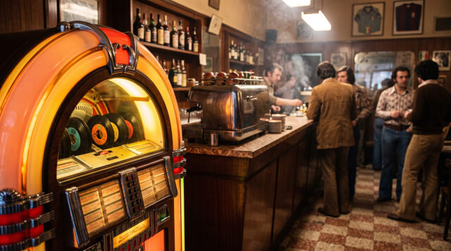 Jukebox in un bar italiano anni '70 Jukebox vintage acceso in un bar italiano degli anni '70, con dischi a 45 giri visibili dietro il vetro e avventori al bancone sullo sfondo