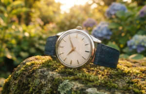 Tutti gli orologi del mondo girano nella stessa direzione, e la ragione non è un caso Orologio automatico vintage con cinturino blu su una pietra muschiata in un giardino al tramonto, quadrante bianco senza marchi visibili