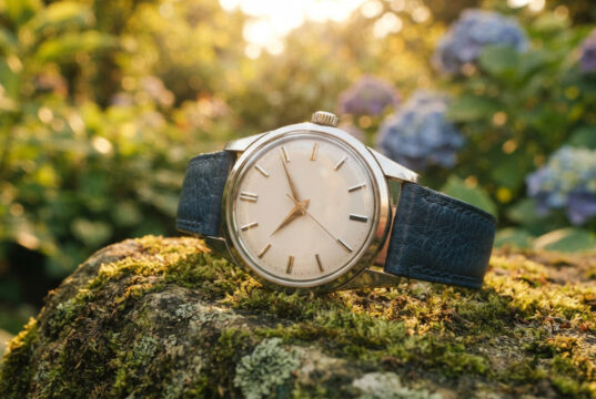 Tutti gli orologi del mondo girano nella stessa direzione, e la ragione non è un caso Orologio automatico vintage con cinturino blu su una pietra muschiata in un giardino al tramonto, quadrante bianco senza marchi visibili