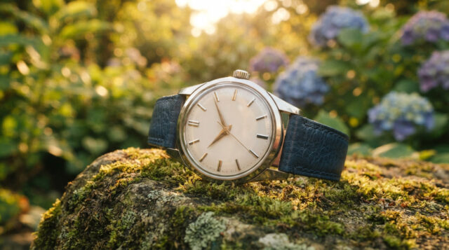 Orologio automatico vintage con cinturino blu su una pietra muschiata in un giardino al tramonto, quadrante bianco senza marchi visibili