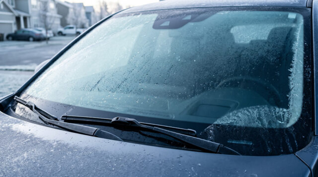 Il freddo mette a rischio la batteria dell'auto: il segnale del parabrezza gelato Parabrezza di un'auto coperto di gelo in una fredda mattina d'autunno, il segnale del freddo che mette a rischio la batteria