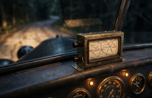 Prima ancora del GPS, un’invenzione italiana risolveva già lo stesso problema per chi guidava Dispositivo navigatore meccanico degli anni ‘30 con mappa di carta su rullo e percorso tracciato, montato sul cruscotto di un’auto d’epoca di notte