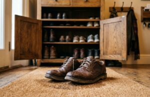 Scarpe bagnate dalla pioggia rimesse subito in scarpiera: l’errore che si paga dopo giorni Scarpe di pelle bagnate dalla pioggia davanti alla scarpiera aperta di casa