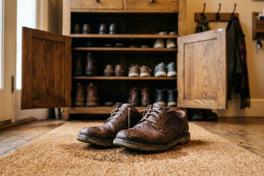 Scarpe bagnate dalla pioggia rimesse subito in scarpiera: l’errore che si paga dopo giorni Scarpe di pelle bagnate dalla pioggia davanti alla scarpiera aperta di casa