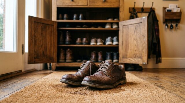Scarpe bagnate dalla pioggia davanti alla scarpiera Scarpe di pelle bagnate dalla pioggia davanti alla scarpiera aperta di casa