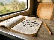 Nessuno conosce i nomi di chi scrive la Settimana Enigmistica: ecco perché Vecchia rivista di cruciverba aperta su un tavolino di un treno regionale, con matita a fianco e schema parzialmente risolto a mano