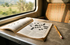 Nessuno conosce i nomi di chi scrive la Settimana Enigmistica: ecco perché Vecchia rivista di cruciverba aperta su un tavolino di un treno regionale, con matita a fianco e schema parzialmente risolto a mano