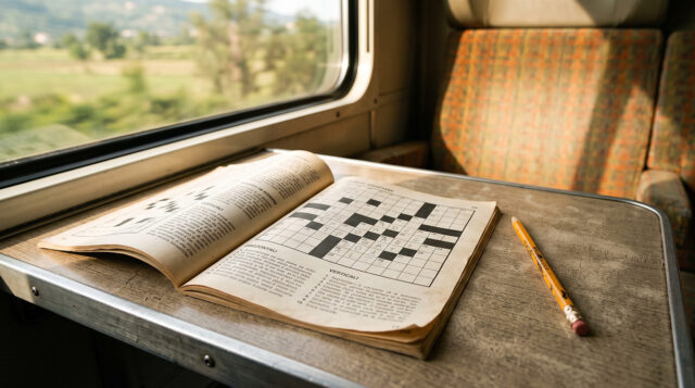 Vecchia rivista di cruciverba aperta su un tavolino di un treno regionale, con matita a fianco e schema parzialmente risolto a mano