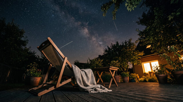 Sdraio vuota con plaid su una terrazza di notte, sotto un cielo stellato con alcune scie di stelle cadenti visibili a occhio nudo