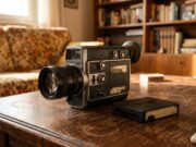 Il Super 8 in salotto: il dettaglio nella cartuccia che nessuno spiegava ai bambini degli anni ’70 Cinepresa Super 8 vintage con cartuccia pellicola su un tavolino in un salotto degli anni '70