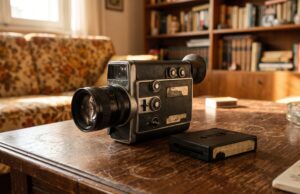 Il Super 8 in salotto: il dettaglio nella cartuccia che nessuno spiegava ai bambini degli anni ’70 Cinepresa Super 8 vintage con cartuccia pellicola su un tavolino in un salotto degli anni '70