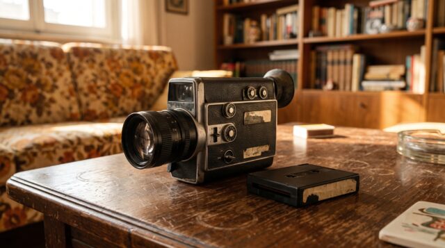 La cinepresa Super 8 con la sua cartuccia pellicola Cinepresa Super 8 vintage con cartuccia pellicola su un tavolino in un salotto degli anni '70